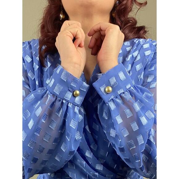 Size M | Vintage 1980s 80s Periwinkle Puff Balloon Long Sleeve Ethereal Dress - Picture 9 of 10